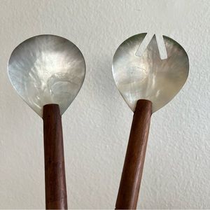 SOLD || Vintage mid century modern mother of pearl salad servers